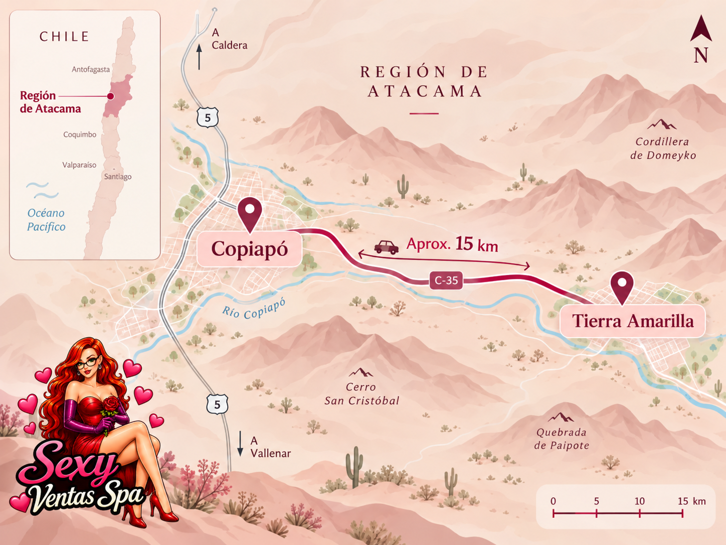 Mapa ilustrado de Copiapó y Tierra Amarilla, con logo Sexy Ventas SPA